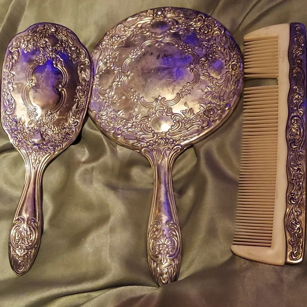 Unmarked Silver Plate / .925?! Antique Beauty Kit. Mcm Mirror Comb And Brush